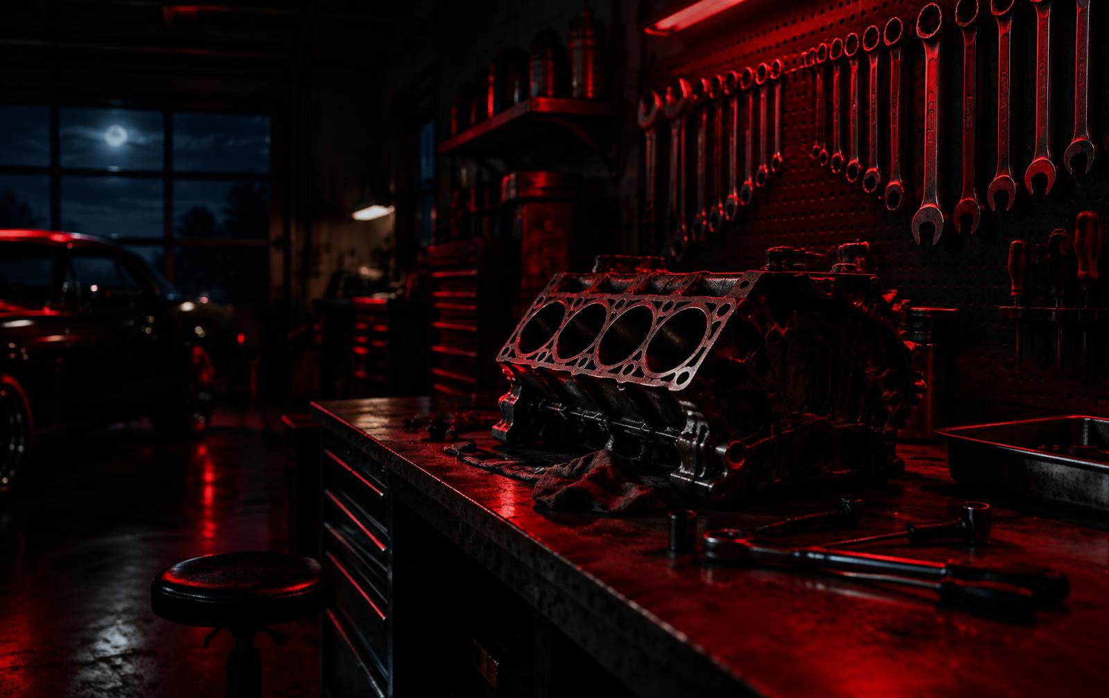 Dark garage with tools and engine block